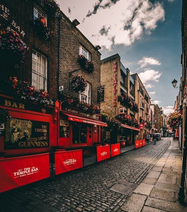 Red decoration on pub in Irish street